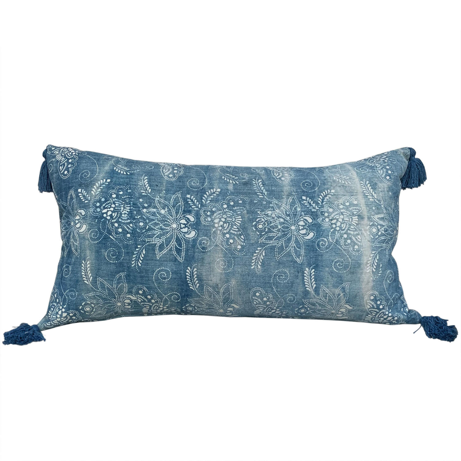 Long indigo resist cushions with tassels