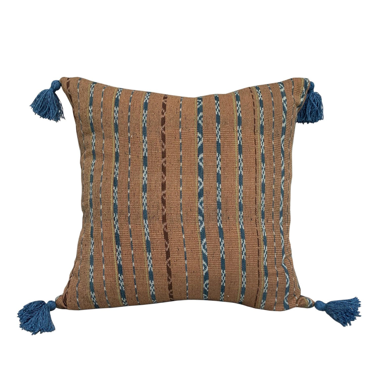 Ginger ikat cushion with blue tassels