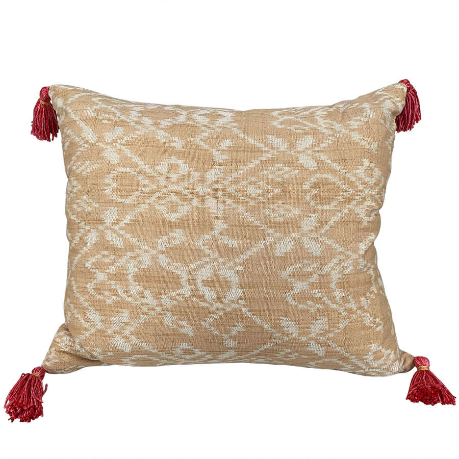 Rote ikat cushion with pink tassels