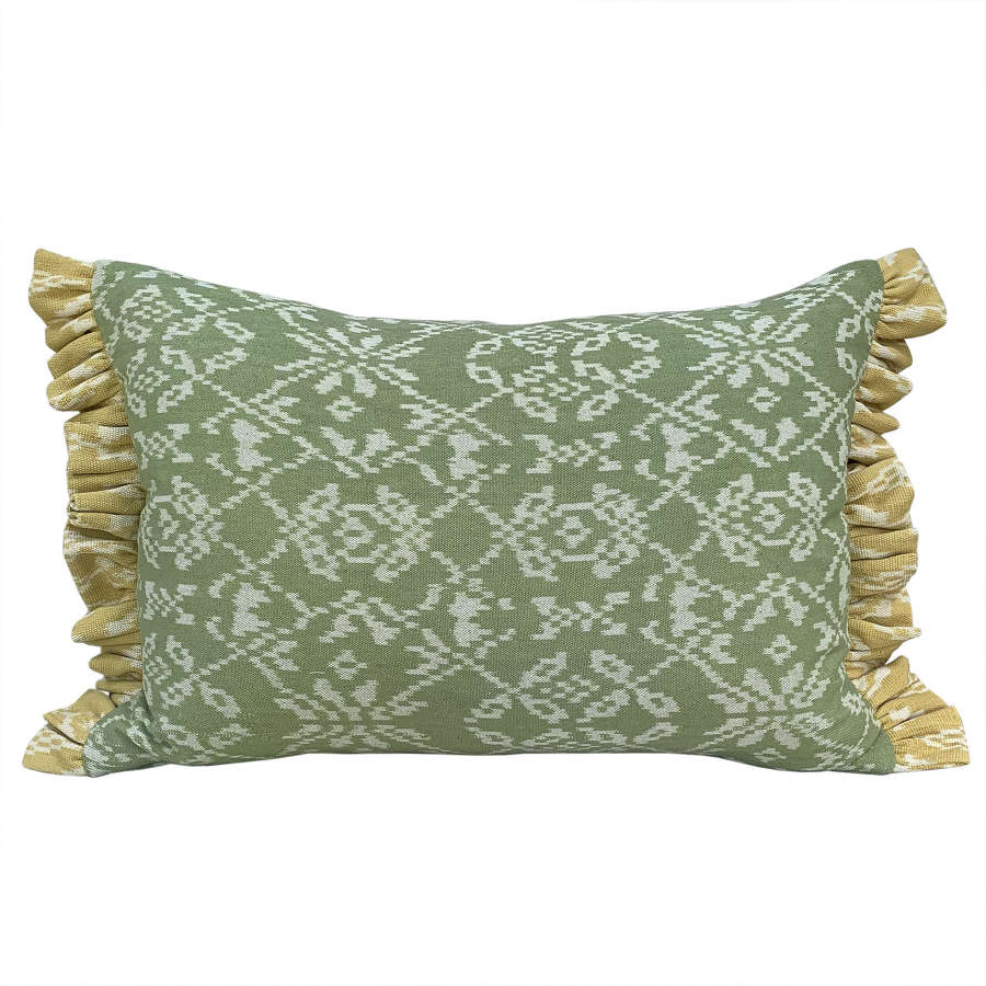 Rote ikat cushion, green with yellow trim