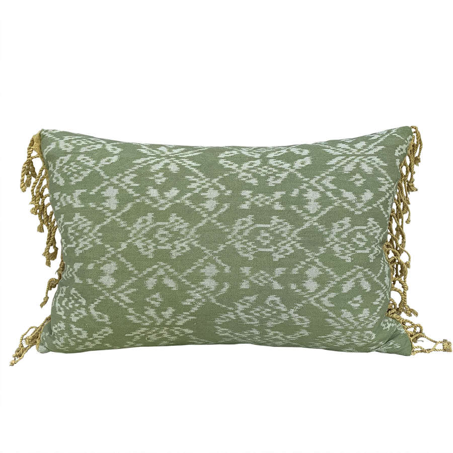 Rote ikat cushion green with yellow tassels