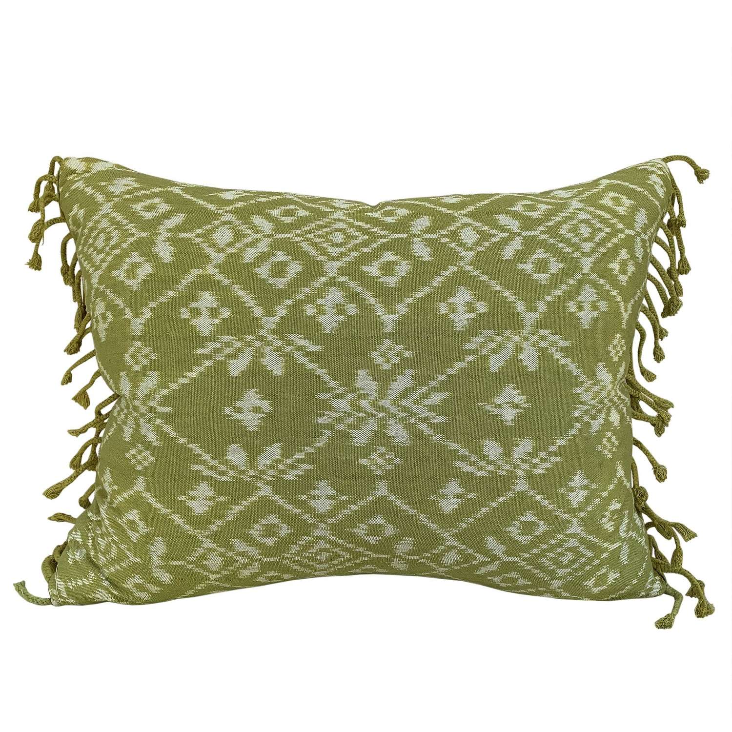 Rote ikat cushions, green with tassel fringe
