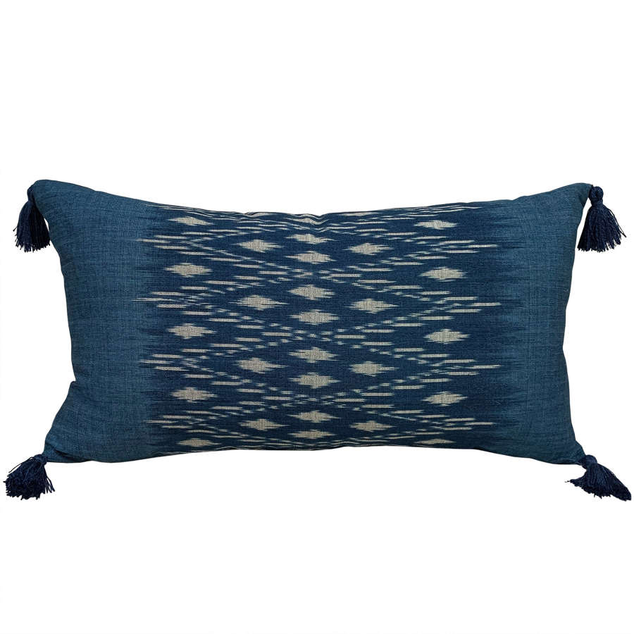 Indigo ikat cushion with tassels