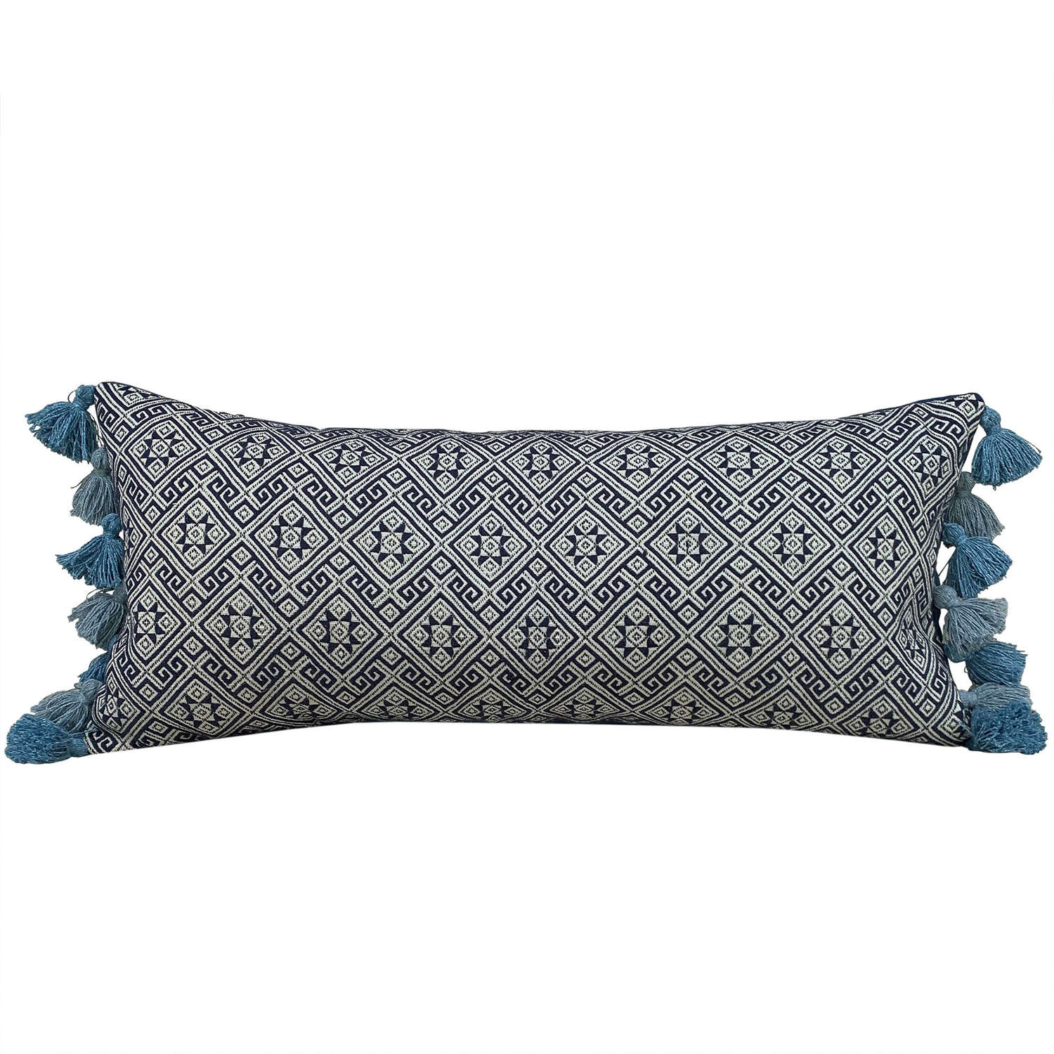 Indigo Zhuang cushions with tasselled sides