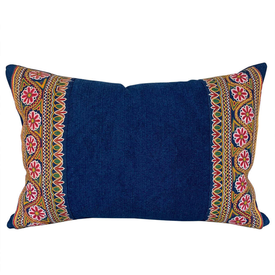 Indigo cushions with embroidered border