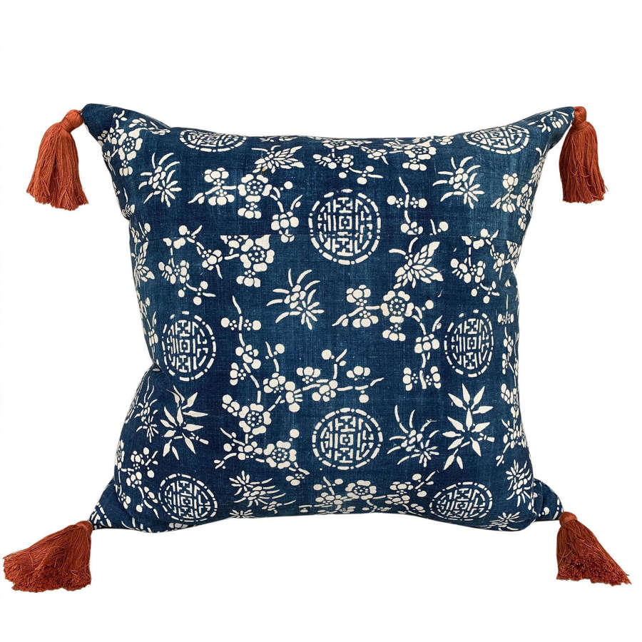 Indigo resist cushions with tassels