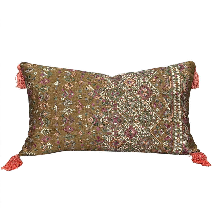 Lao Cushion, Gold Silk With Coral Tassels