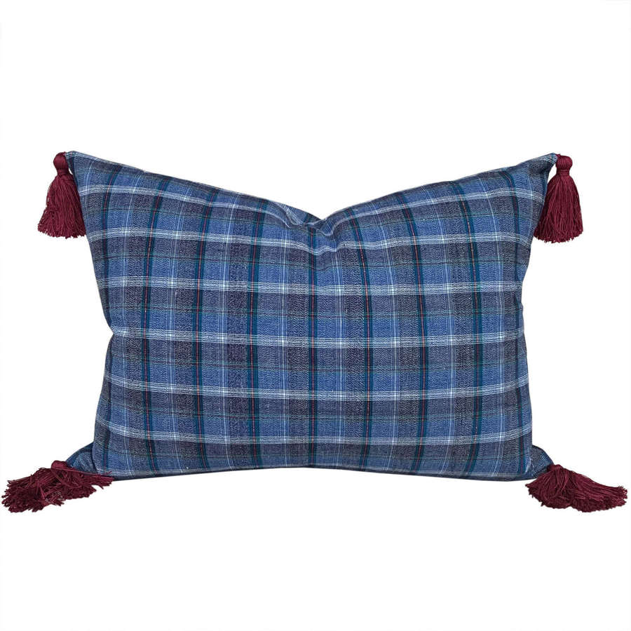 Blue Checked Cushion, With Tassels
