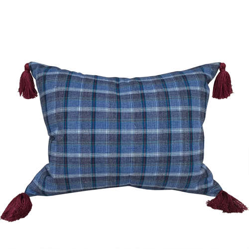 Blue Checked Cushion, With Tassels