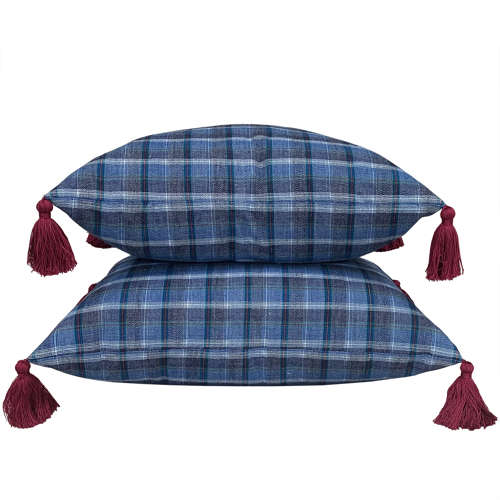 Blue Checked Cushion, With Tassels