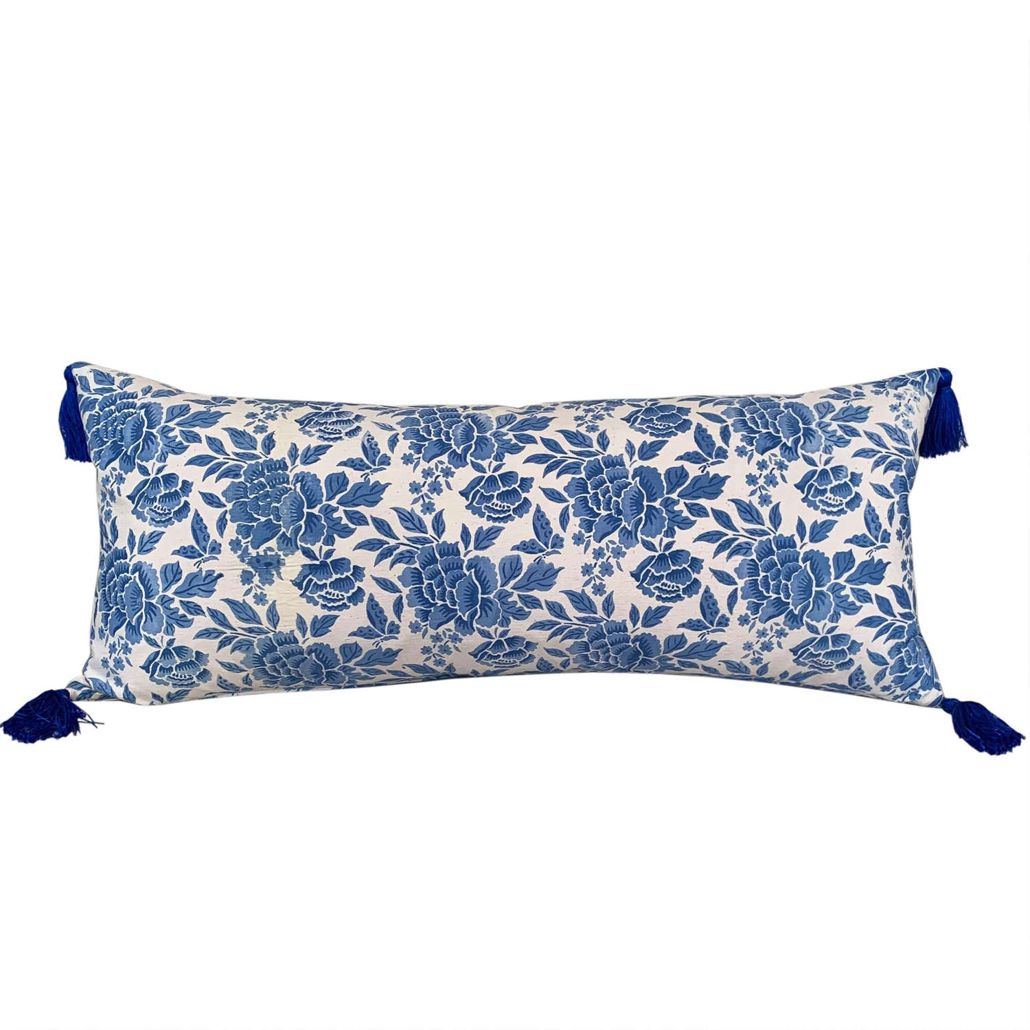 Long Blue And White Floral Cushion With Tassels
