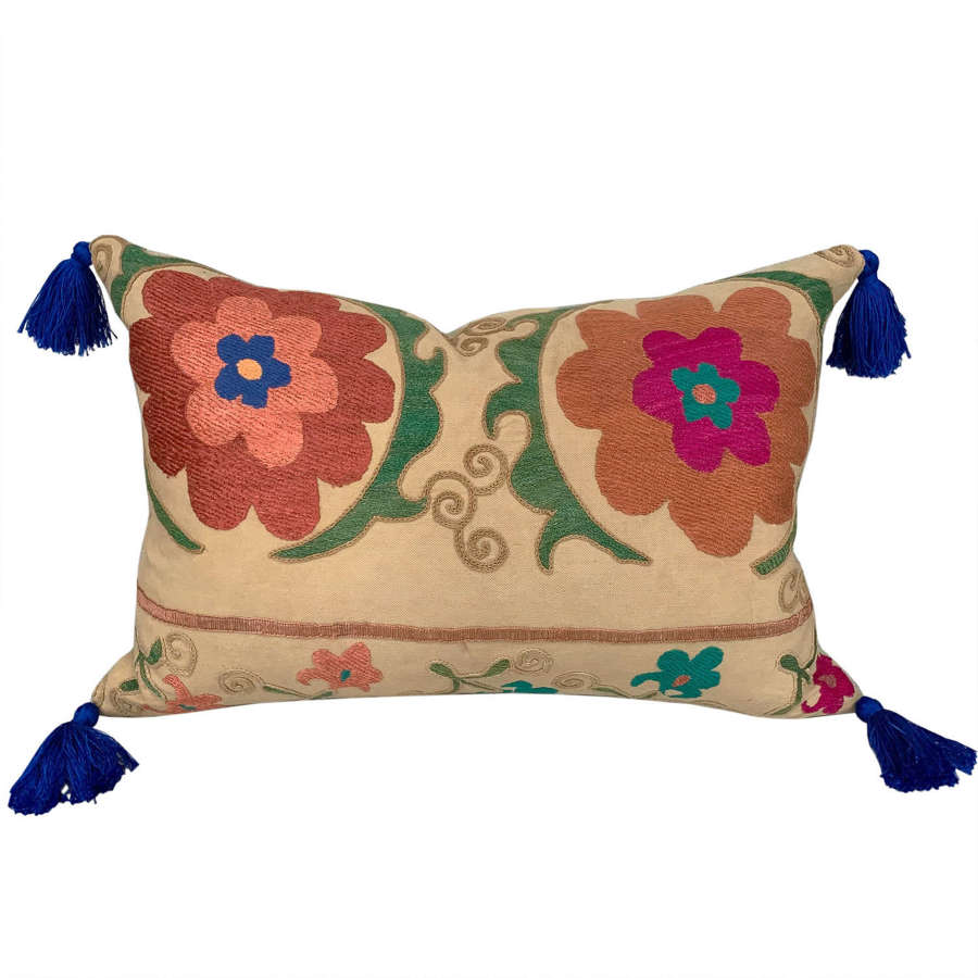 Suzani Cushions With Blue Tassels