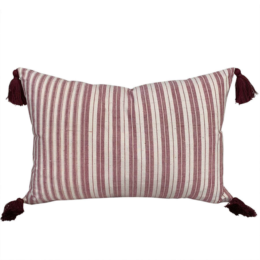 Red Ticking Striped Cushion With Tassels