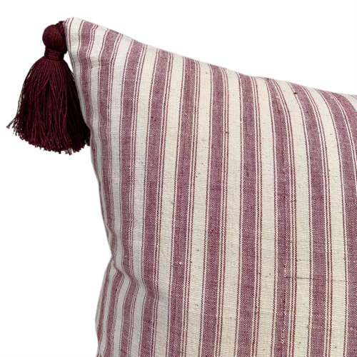 Red Ticking Striped Cushion With Tassels
