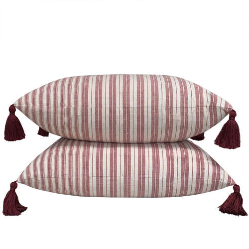 Red Ticking Striped Cushion With Tassels