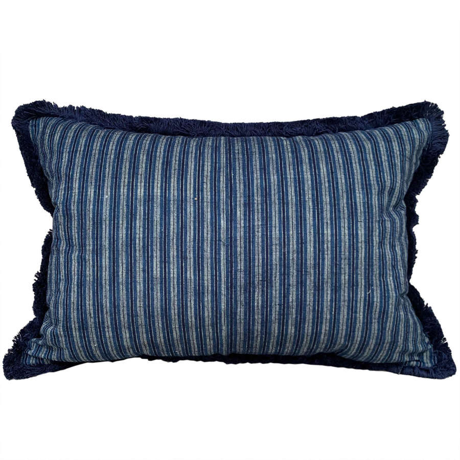 Indigo Striped Cushion With Fringe Trim